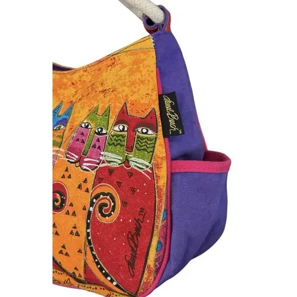 Laurel Burch Fantasticats Purse Shoulder Bag 6 Cats Zip Canvas Wood Bag Charm - Picture 7 of 15